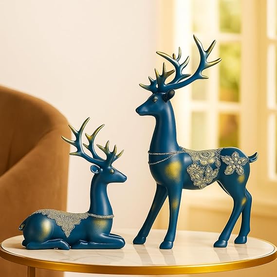 Xtore Creative Resin Golden Reindeer Sculptures | Beautiful Home Decor | Lifts up Energy of Your Room - (Pack of 2, Blue)