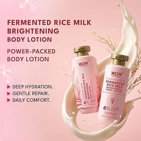 WOW Skin Science Fermented Rice Milk Brightening Body Lotion for Dull and Dehydrated Skin | 6% Brightening and Hydration Actives | Lotus Extract, Hyaluronic Acid, Shea Butter and Collagen | Radiance, Softness and Deep Hydration | 200 ml
