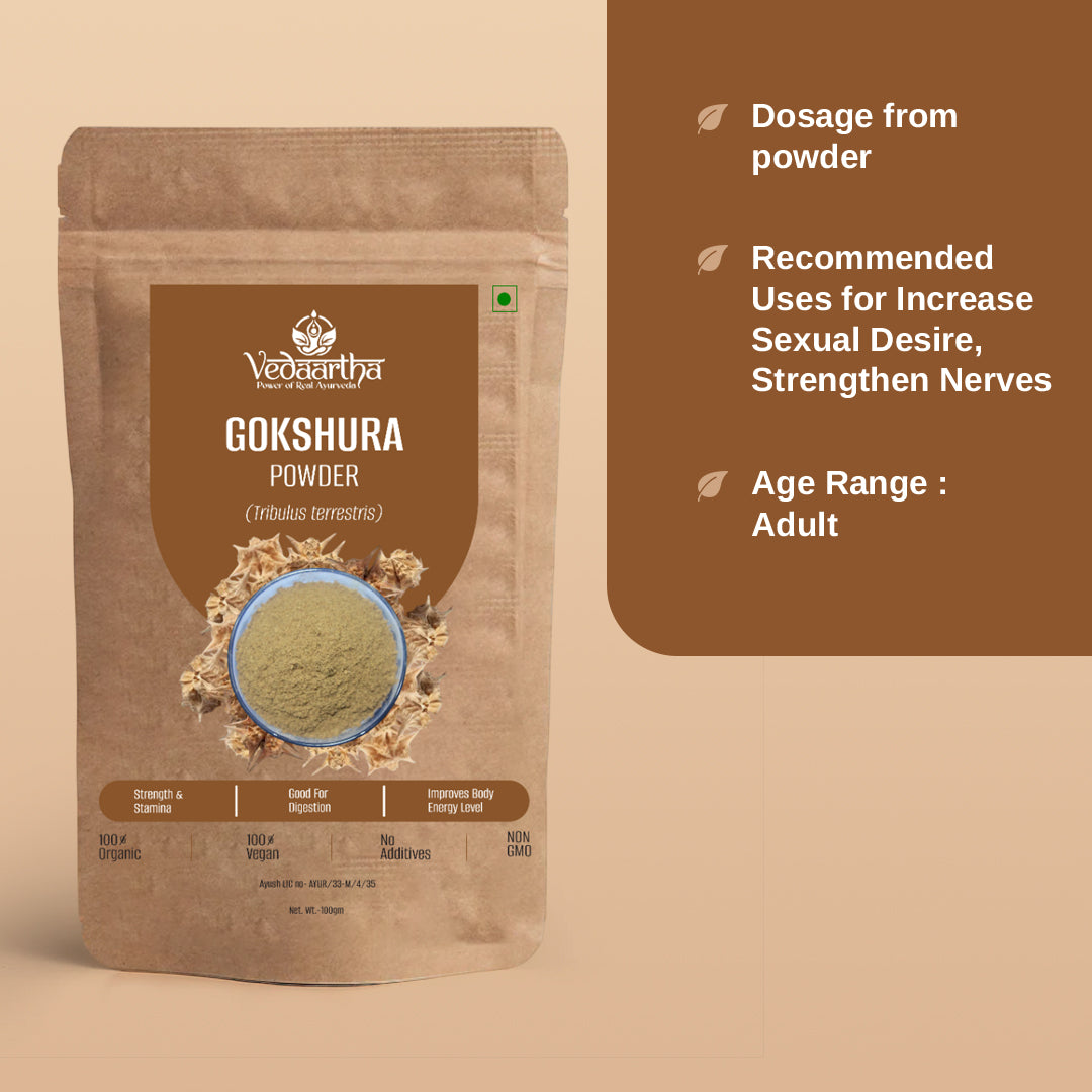 Vedaartha Gokshura Powder – Organic Gokshura Root Powder for Vitality, Strength & Wellness – 100% Natural Ayurvedic Herbal Supplement