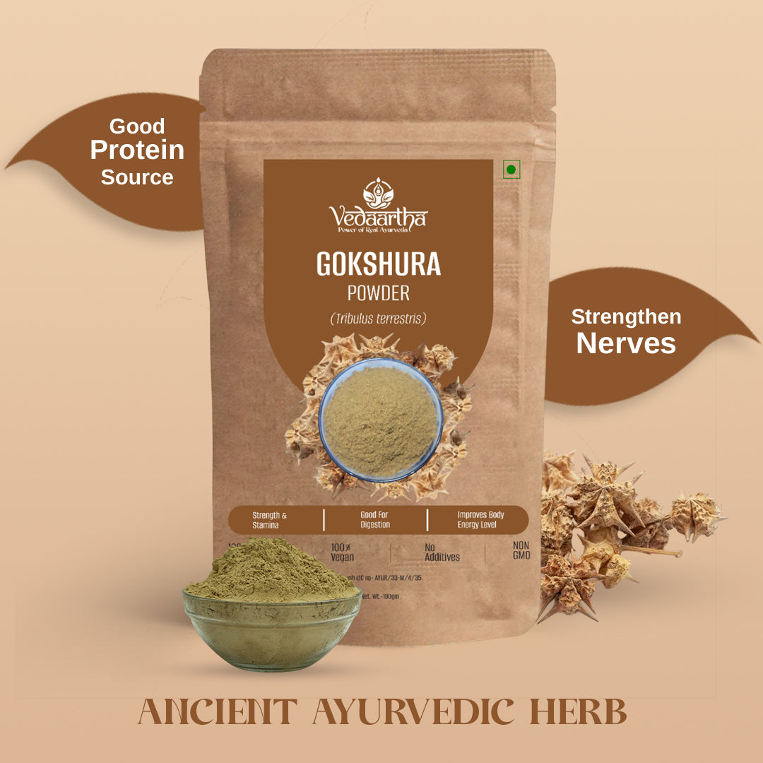 Vedaartha Gokshura Powder – Organic Gokshura Root Powder for Vitality, Strength & Wellness – 100% Natural Ayurvedic Herbal Supplement