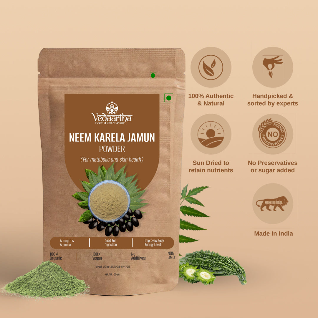 Vedaartha Neem, Karela & Jamun Powder – Organic Herbal Blend for Blood Sugar Support & Wellness – 100% Natural Ayurvedic Supplement