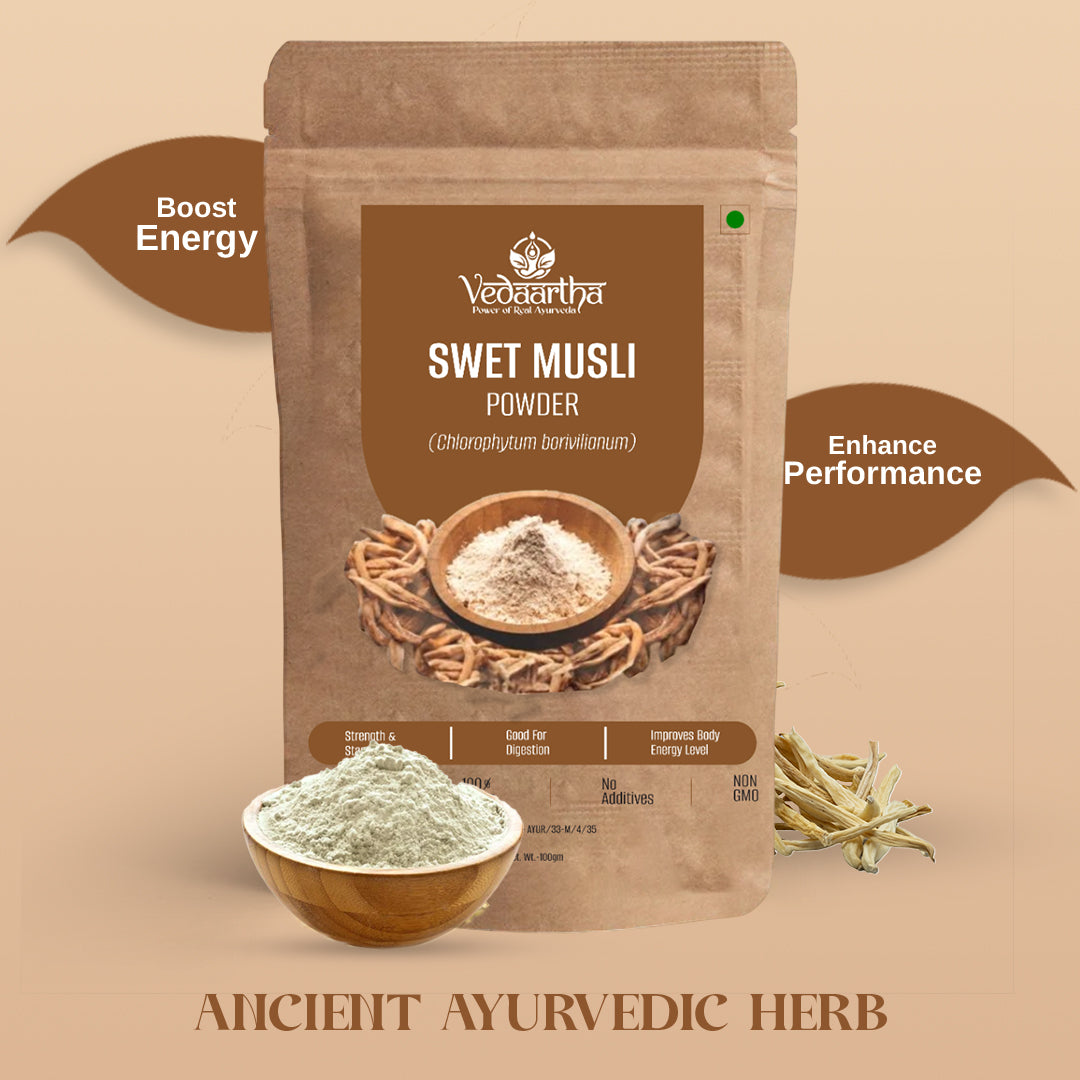 Vedaartha Swet Musli Powder – Organic Safed Musli Root Powder for Energy, Stamina & Vitality – 100% Natural Ayurvedic Herbal Supplement