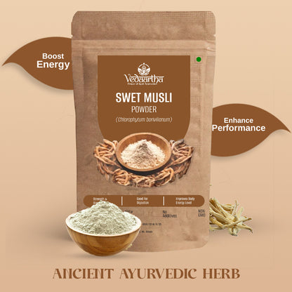 Vedaartha Swet Musli Powder – Organic Safed Musli Root Powder for Energy, Stamina & Vitality – 100% Natural Ayurvedic Herbal Supplement