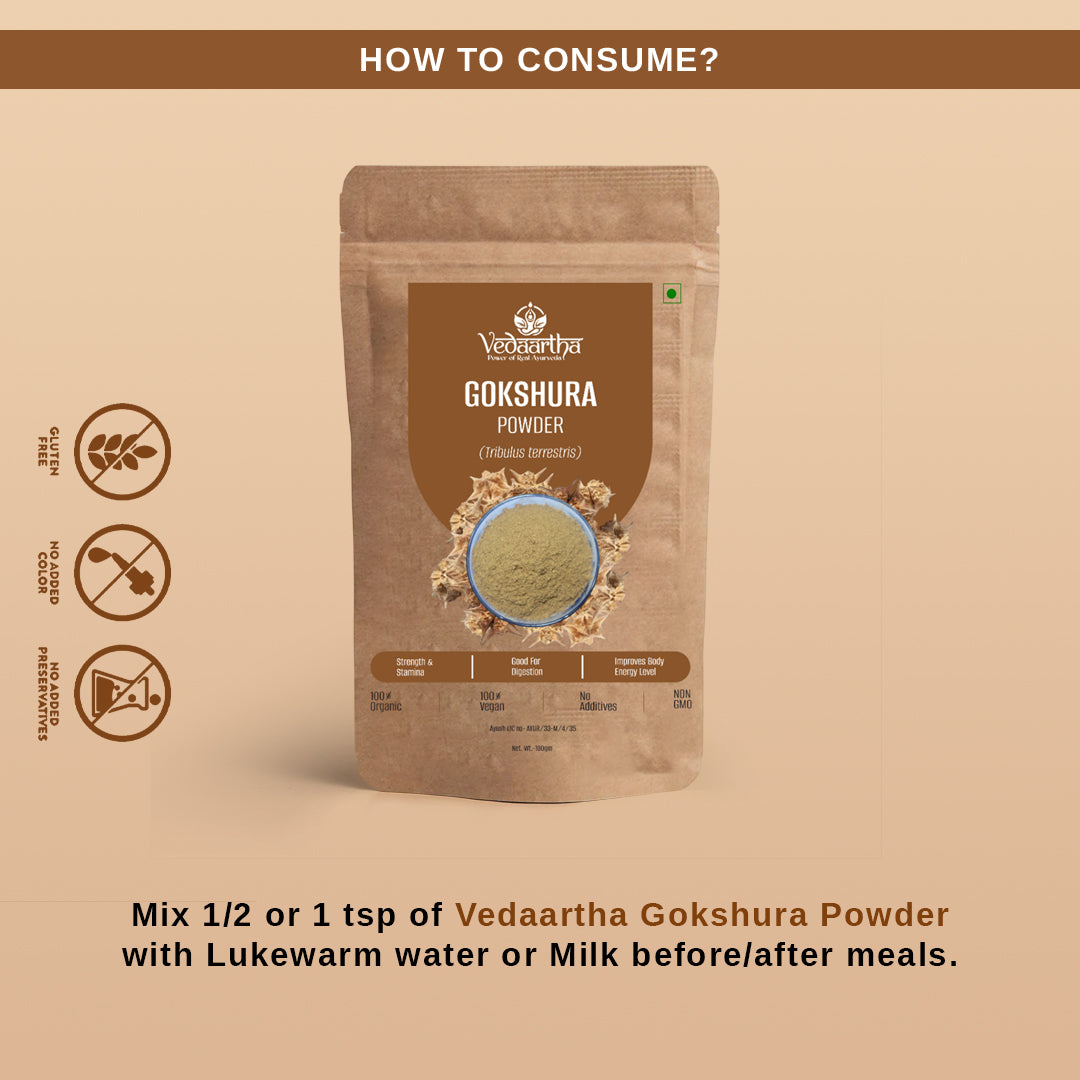 Vedaartha Gokshura Powder – Organic Gokshura Root Powder for Vitality, Strength & Wellness – 100% Natural Ayurvedic Herbal Supplement