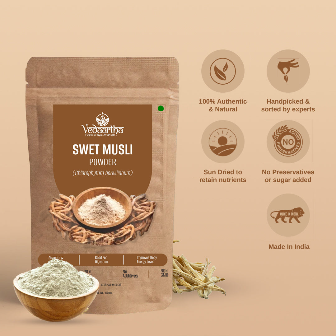 Vedaartha Swet Musli Powder – Organic Safed Musli Root Powder for Energy, Stamina & Vitality – 100% Natural Ayurvedic Herbal Supplement