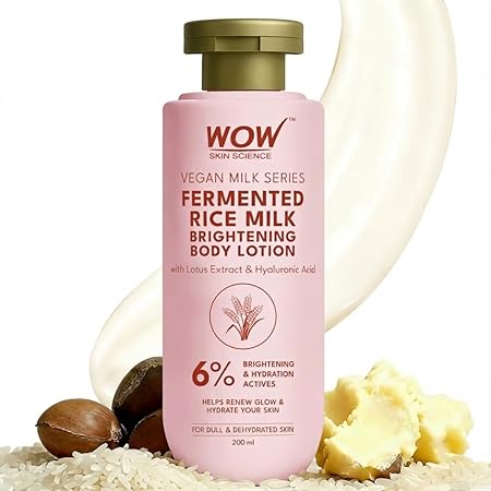 WOW Skin Science Fermented Rice Milk Brightening Body Lotion for Dull and Dehydrated Skin | 6% Brightening and Hydration Actives | Lotus Extract, Hyaluronic Acid, Shea Butter and Collagen | Radiance, Softness and Deep Hydration | 200 ml