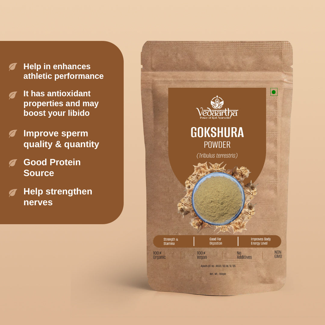 Vedaartha Gokshura Powder – Organic Gokshura Root Powder for Vitality, Strength & Wellness – 100% Natural Ayurvedic Herbal Supplement