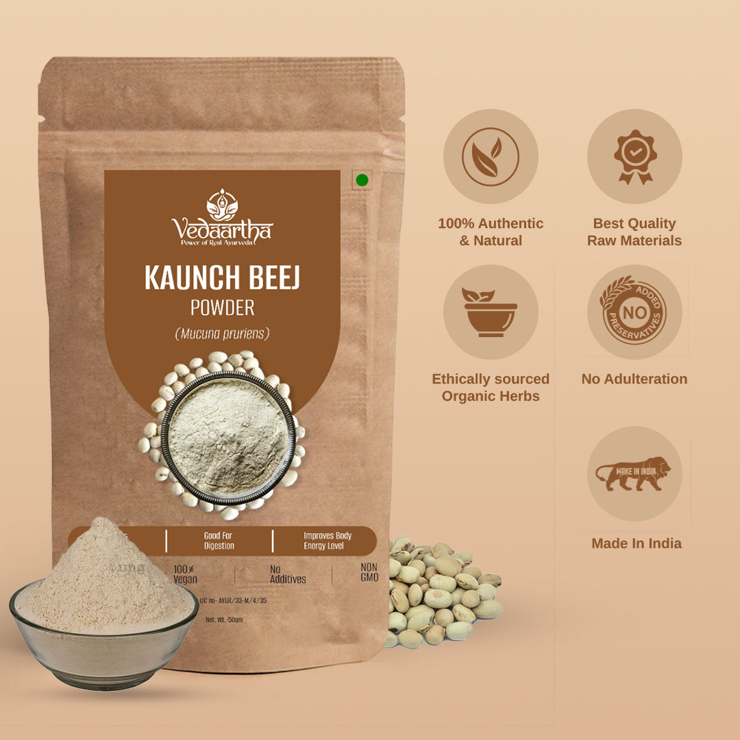 Vedaartha Kauch Beej Powder – Organic Kapikacchu (Mucuna Pruriens) Seed Powder for Energy, Vitality & Men’s Wellness – 100% Natural Ayurvedic Supplement