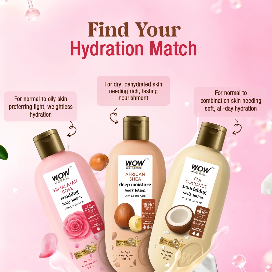 WOW Skin Science Himalayan Rose Soothing Body Lotion with Lactic Acid | 48HR Moisture Lock with Moisture IQ™ Tech | Light Hydration & Smooth Finish | Paraben-Free, Activated Naturals™ | 400 ml