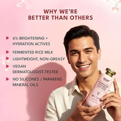 WOW Skin Science Fermented Rice Milk Brightening Body Lotion for Dull and Dehydrated Skin | 6% Brightening and Hydration Actives | Lotus Extract, Hyaluronic Acid, Shea Butter and Collagen | Radiance, Softness and Deep Hydration | 200 ml