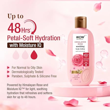 WOW Skin Science Himalayan Rose Soothing Body Lotion with Lactic Acid | 48HR Moisture Lock with Moisture IQ™ Tech | Light Hydration & Smooth Finish | Paraben-Free, Activated Naturals™ | 400 ml