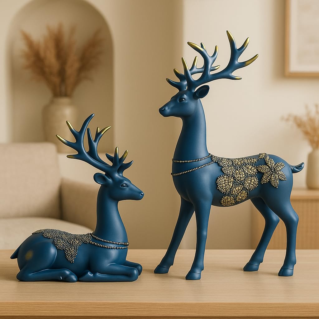 Xtore Creative Resin Golden Reindeer Sculptures | Beautiful Home Decor | Lifts up Energy of Your Room - (Pack of 2, Blue)