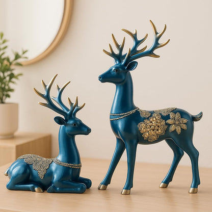 Xtore Creative Resin Golden Reindeer Sculptures | Beautiful Home Decor | Lifts up Energy of Your Room - (Pack of 2, Blue)