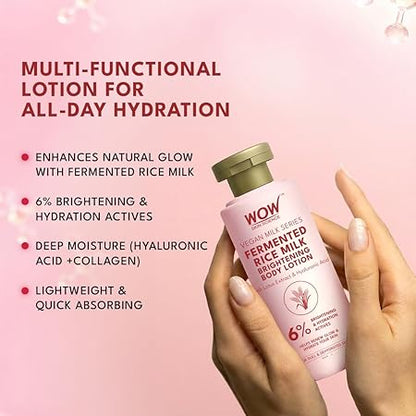 WOW Skin Science Fermented Rice Milk Brightening Body Lotion for Dull and Dehydrated Skin | 6% Brightening and Hydration Actives | Lotus Extract, Hyaluronic Acid, Shea Butter and Collagen | Radiance, Softness and Deep Hydration | 200 ml