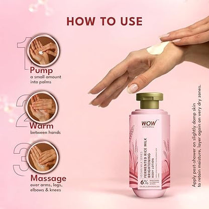 WOW Skin Science Fermented Rice Milk Brightening Body Lotion for Dull and Dehydrated Skin | 6% Brightening and Hydration Actives | Lotus Extract, Hyaluronic Acid, Shea Butter and Collagen | Radiance, Softness and Deep Hydration | 200 ml