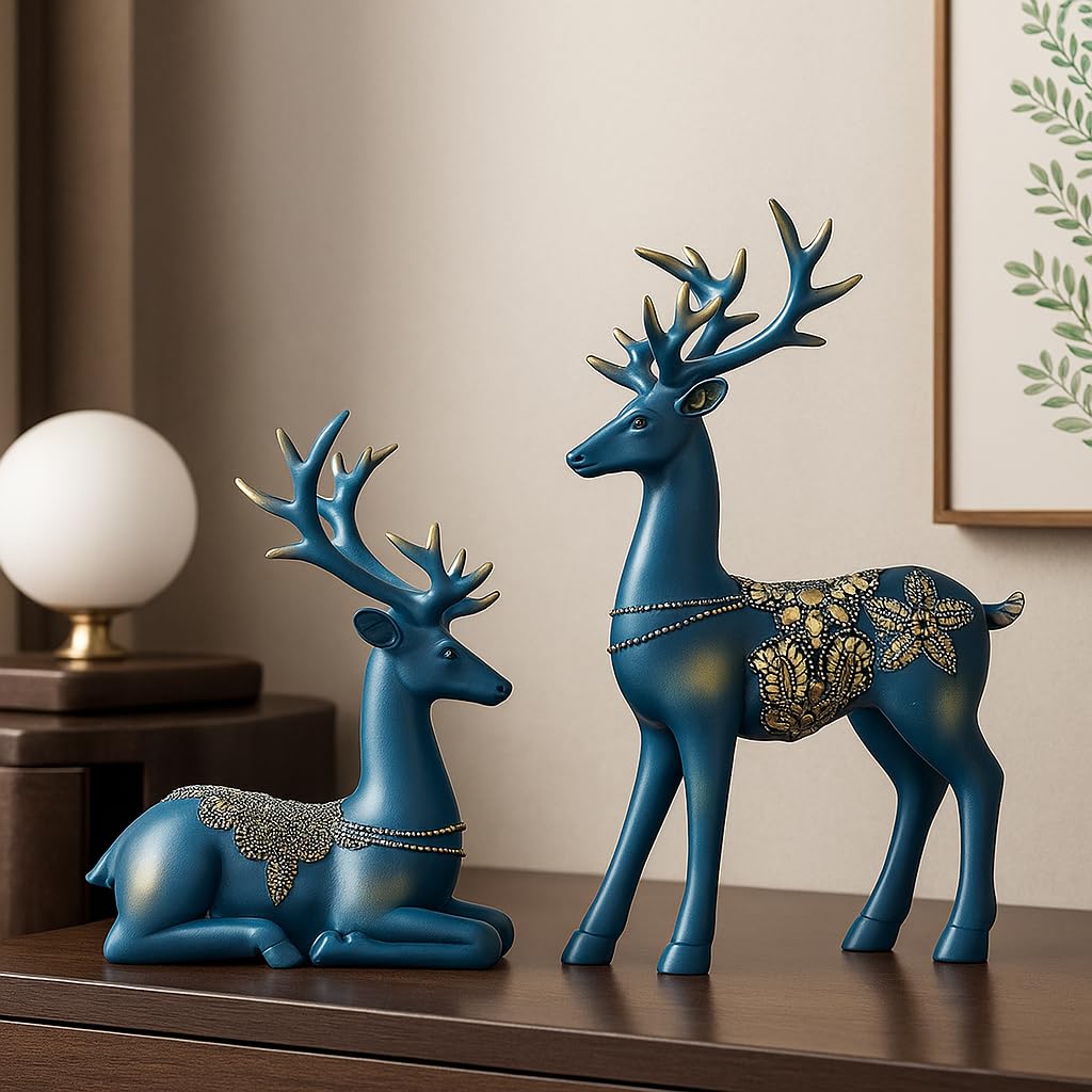 Xtore Creative Resin Golden Reindeer Sculptures | Beautiful Home Decor | Lifts up Energy of Your Room - (Pack of 2, Blue)