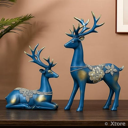 Xtore Creative Resin Golden Reindeer Sculptures | Beautiful Home Decor | Lifts up Energy of Your Room - (Pack of 2, Blue)