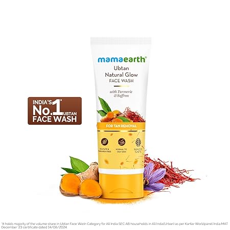 Mamaearth Ubtan Natural Glow Face Wash with Turmeric & Saffron for Tan Removal – 200 ml | Removes Tan | Brightens Skin