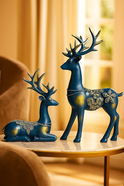 Xtore Creative Resin Golden Reindeer Sculptures | Beautiful Home Decor | Lifts up Energy of Your Room - (Pack of 2, Blue)