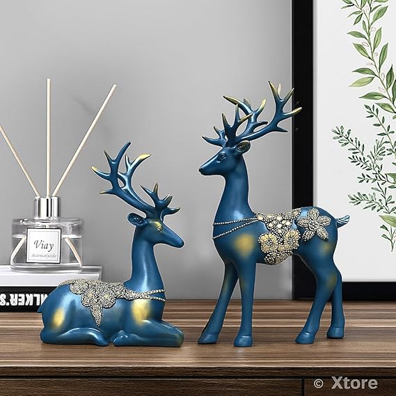 Xtore Creative Resin Golden Reindeer Sculptures | Beautiful Home Decor | Lifts up Energy of Your Room - (Pack of 2, Blue)