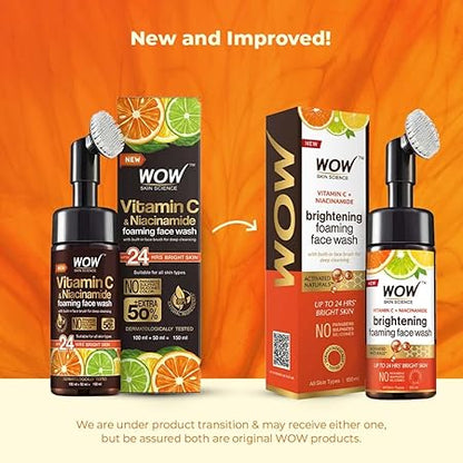 WOW Skin Science Brightening Vitamin C & Niacinamide Foaming Face Wash | For Brighter Glow | Built-in Brush for Deep Cleansing | Brightens & Evens Out Skin Tone | Face Wash for Women & Men | 150ml