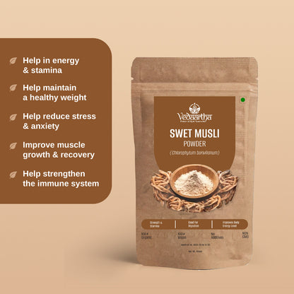 Vedaartha Swet Musli Powder – Organic Safed Musli Root Powder for Energy, Stamina & Vitality – 100% Natural Ayurvedic Herbal Supplement