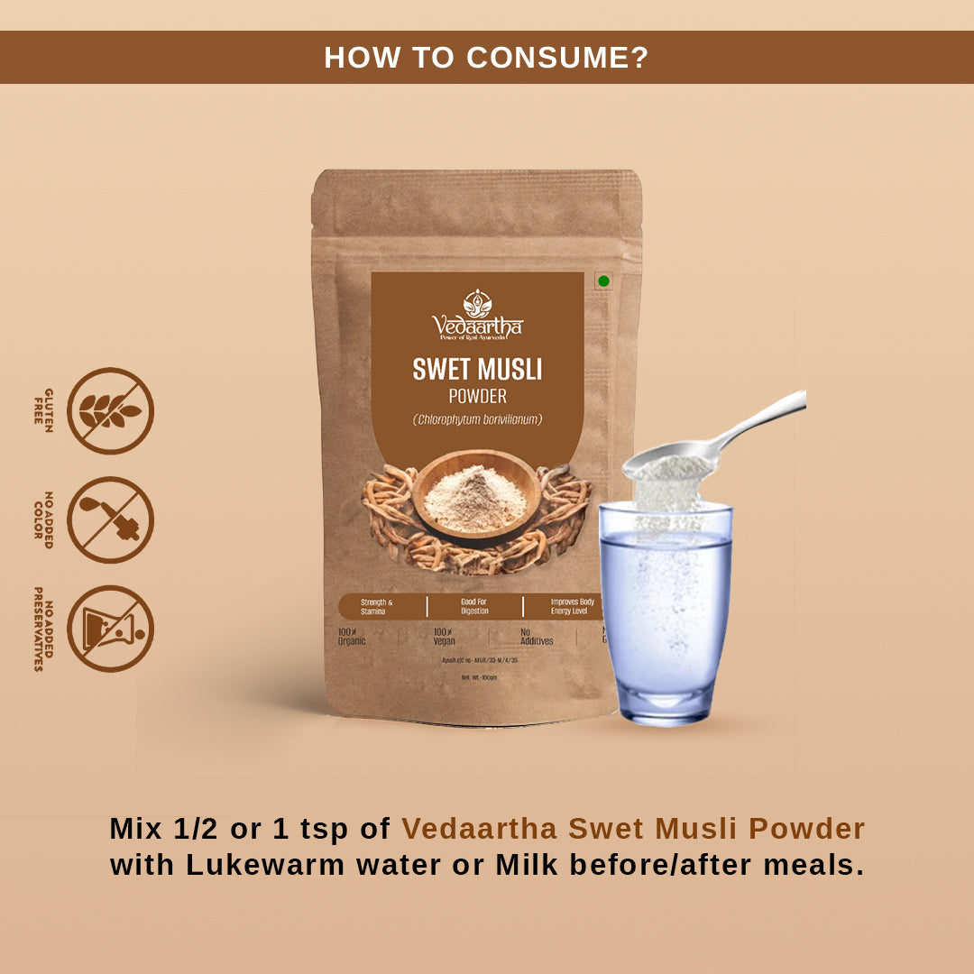 Vedaartha Swet Musli Powder – Organic Safed Musli Root Powder for Energy, Stamina & Vitality – 100% Natural Ayurvedic Herbal Supplement
