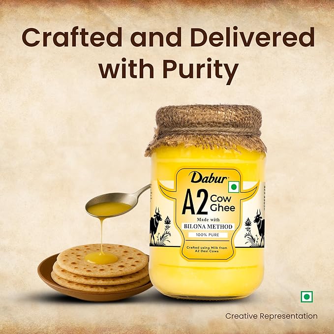 Dabur A2 Cow Ghee - 500ml | Rich in Vitamin A & Antioxidant properties | Made with Bilona method | Helps balance Vata & Pitta Dosha | Crafted using milk from A2 desi cows | 100% pure