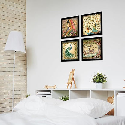 Madhubani Art Framed Painting For Home, Living Room, Hall | Traditional Rajasthani Pichwai Art Paitnings With Frame For Home Decor (Set Of 4)