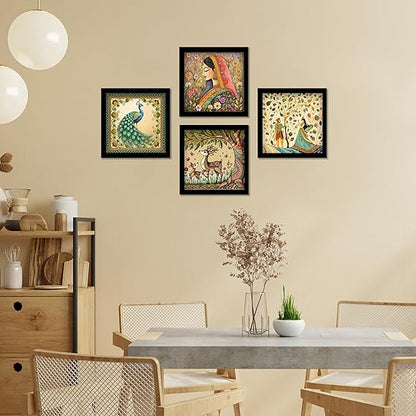 Madhubani Art Framed Painting For Home, Living Room, Hall | Traditional Rajasthani Pichwai Art Paitnings With Frame For Home Decor (Set Of 4)