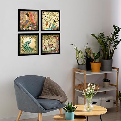 Madhubani Art Framed Painting For Home, Living Room, Hall | Traditional Rajasthani Pichwai Art Paitnings With Frame For Home Decor (Set Of 4)