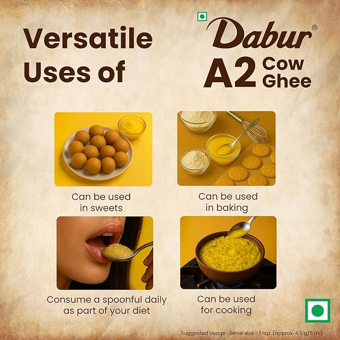 Dabur A2 Cow Ghee - 500ml | Rich in Vitamin A & Antioxidant properties | Made with Bilona method | Helps balance Vata & Pitta Dosha | Crafted using milk from A2 desi cows | 100% pure
