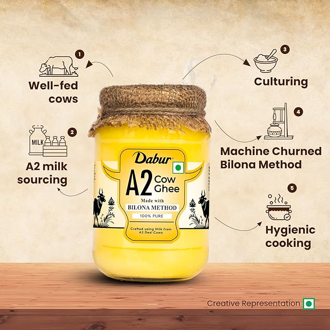 Dabur A2 Cow Ghee - 500ml | Rich in Vitamin A & Antioxidant properties | Made with Bilona method | Helps balance Vata & Pitta Dosha | Crafted using milk from A2 desi cows | 100% pure