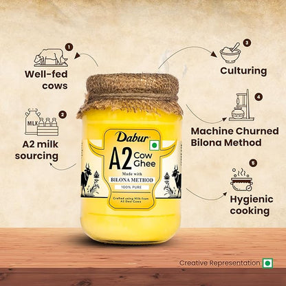 Dabur A2 Cow Ghee - 500ml | Rich in Vitamin A & Antioxidant properties | Made with Bilona method | Helps balance Vata & Pitta Dosha | Crafted using milk from A2 desi cows | 100% pure