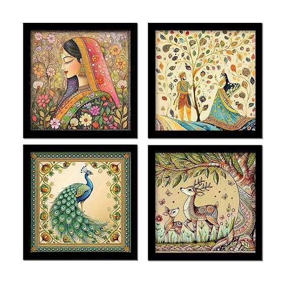 Madhubani Art Framed Painting For Home, Living Room, Hall | Traditional Rajasthani Pichwai Art Paitnings With Frame For Home Decor (Set Of 4)