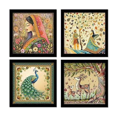 Madhubani Art Framed Painting For Home, Living Room, Hall | Traditional Rajasthani Pichwai Art Paitnings With Frame For Home Decor (Set Of 4)