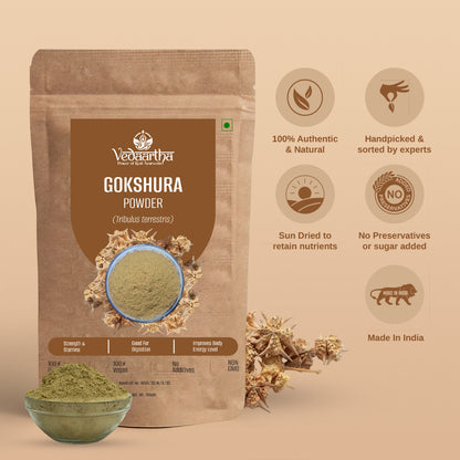 Vedaartha Gokshura Powder – Organic Gokshura Root Powder for Vitality, Strength & Wellness – 100% Natural Ayurvedic Herbal Supplement