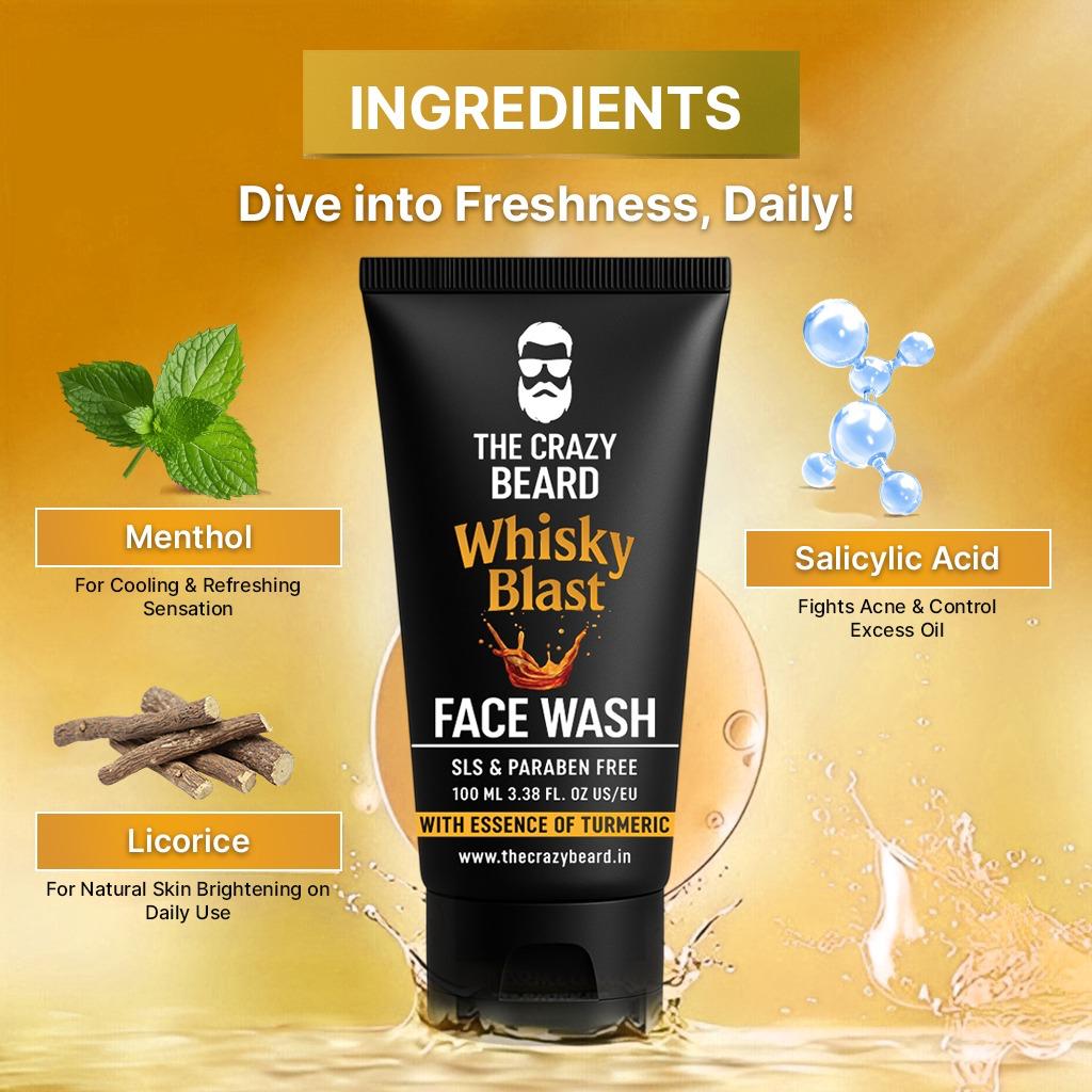 The Crazy Beard Whisky Face Wash – Deep Cleansing & Oil Control Face Wash for Men 100ml – Refreshing Daily Facial Cleanser