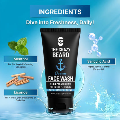 The Crazy Beard Ocean Face Wash – Refreshing Deep Cleansing Face Wash for Men 100ML – Hydrating & Oil Control Formula