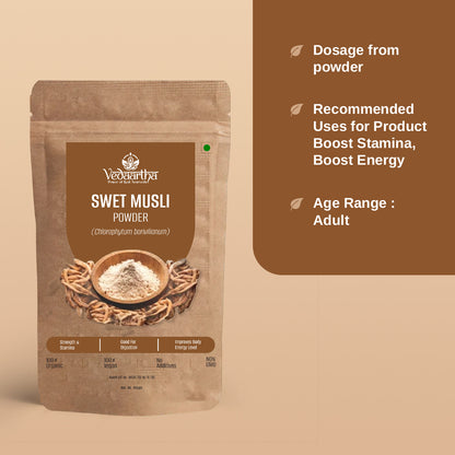 Vedaartha Swet Musli Powder – Organic Safed Musli Root Powder for Energy, Stamina & Vitality – 100% Natural Ayurvedic Herbal Supplement